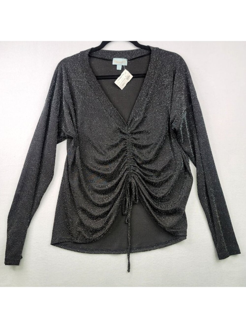 Veronica M. Metallic Blouse XL Black Cinched Shimmery Romantic Glam Whimsical